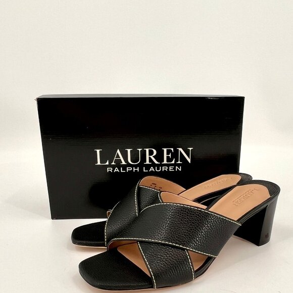 Lauren Ralph Lauren Freddi Black Leather Slip-On Heels Size 8 B Tumbled Leather - Picture 1 of 15